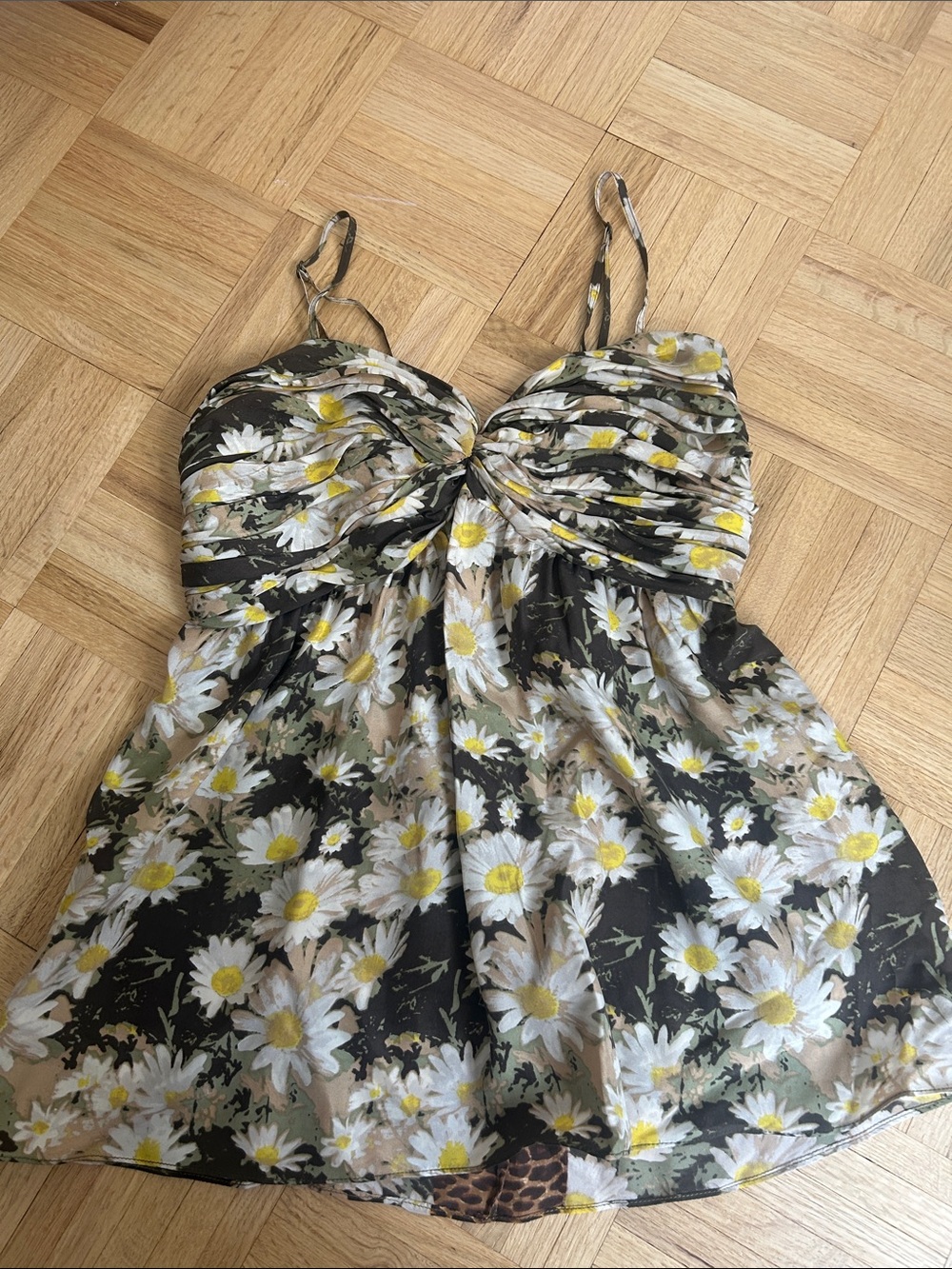 Floral Twist-Front Spaghetti Strap Women's Top in Black and White